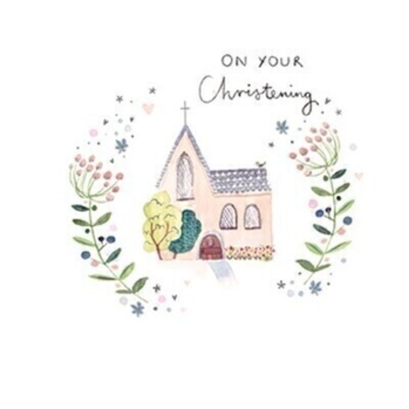 On Your Christening Day Greetings Card by Paper Rose This Christening Day greetings card features a cute little church and flowers design on a white backdrop andON YOUR CHRISTENING in silver written on the front.  This thoughful card is ideal to send to someone celebrating their Christening Day and has been left blank inside for you to write your own message. It comes complete with an envelope and is a lovely card designed by Avocado Designs from Paper Rose.
